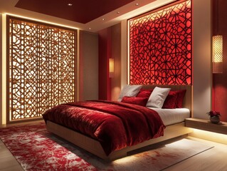 Luxurious bedroom with warm red accents and intricate wooden panels