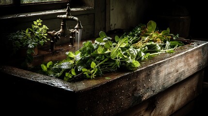 Rustic farmhouse sink filled with fresh herbs under a running tap.