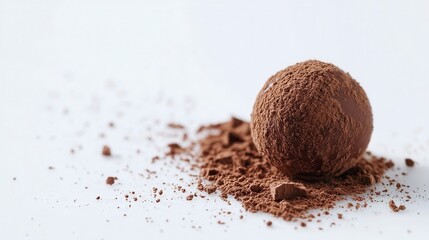 Close-up of a single chocolate truffle dusted with cocoa powder on a white background.