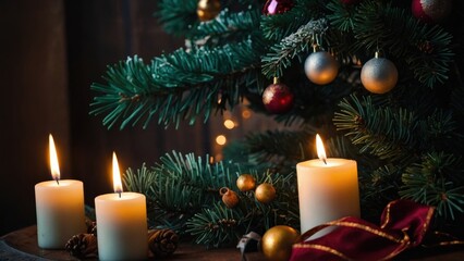 Christmas tree with candles and ornaments: A cozy and festive holiday scene with warm lighting and decorative elements