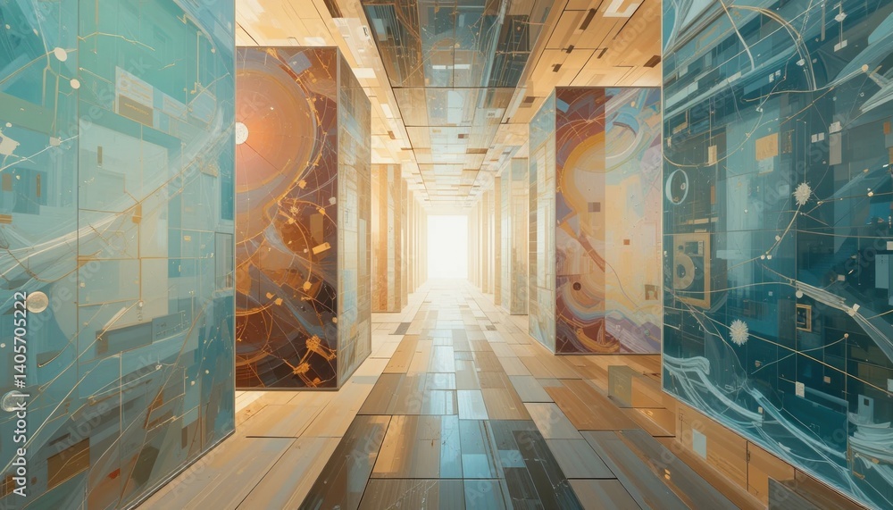 Poster illuminating pathways through abstract digital corridors virtual environment high-resolution imagery