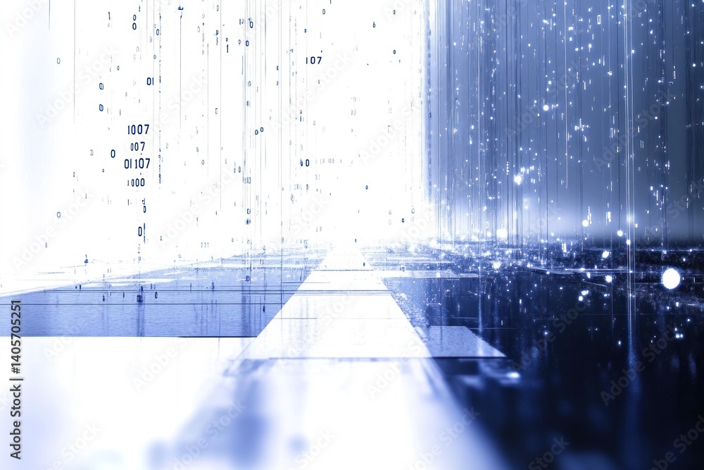 Poster vertical code streams illustrate data flow in a bright, futuristic scene filled with digital element