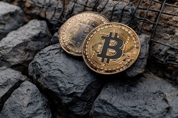 Two coins rest on rugged, dark rocks, suggesting digital assets linked to tangible resources