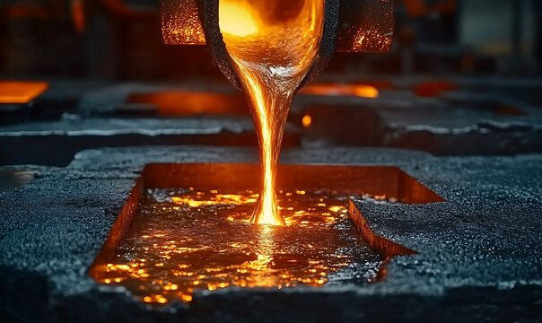 Abstract view of molten metal being poured into molds in a steel foundry, capturing the intensity of the process.