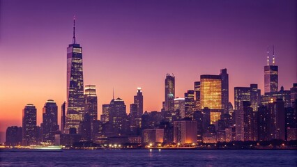 Obraz premium Cityscape Silhouette: Capturing the serene allure of the city skyline silhouetted against a vibrant, twilight sky, the image conveys a sense of wonder and tranquility. 