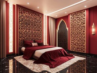 Luxurious, opulent bedroom with rich, warm burgundy tones and intricate, golden latticework accents.  A sophisticated, modern take on a traditional design