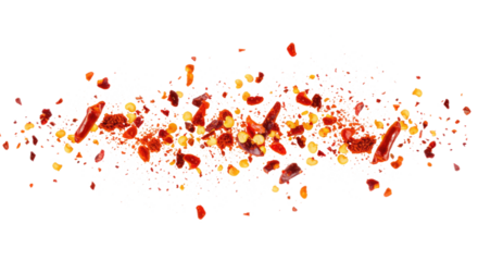 Flying Red Chili Flakes Paprika PNG - Mid Air Scattered Spice Particles Motion Blur Isolated Overlay