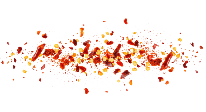 Flying Red Chili Flakes Paprika PNG - Mid Air Scattered Spice Particles Motion Blur Isolated Overlay - Powered by Adobe