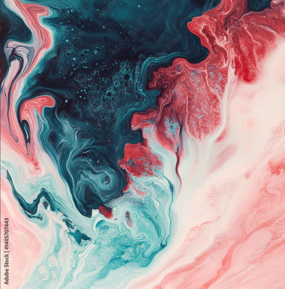 Poster abstract swirling colors in fluid art. a vibrant mix of deep blues, reds, and whites, creating a dyn