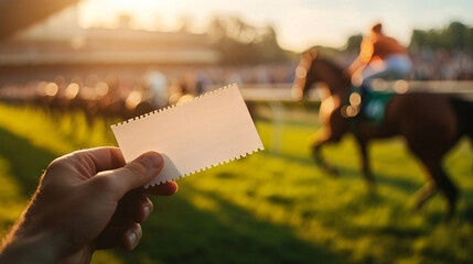 Hand Holding Ticket at Horse Race Event with Blurred Background