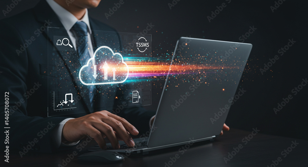 Poster a businessman seamlessly connects to the cloud, transferring data with effortless speed and efficien