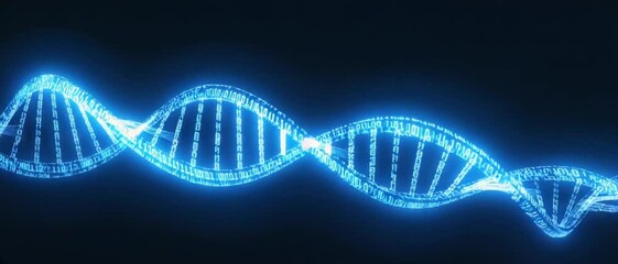 A glowing DNA helix made of binary code spins in digital space against a dark background. Concept of bioinformatics, digital genetics, and future of biotechnology.
 - Powered by Adobe