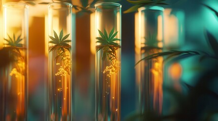 Cannabis plants in test tubes with golden liquid.