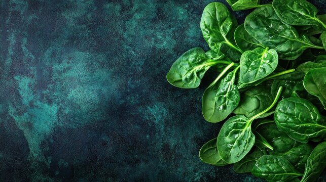 Bright green spinach leaves fill the corner of a dark, textured background, perfect for promoting National Spinach Day festivities and activities