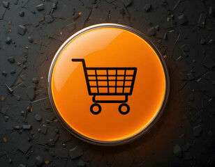 Shopping Cart Icon on Orange Button with Metallic Frame
