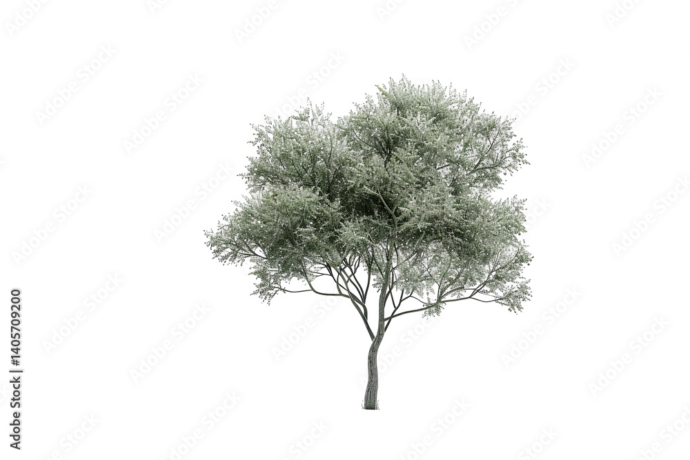 Poster isolated tree with dense, delicate foliage, casting soft shadows. black background emphasizes the tr