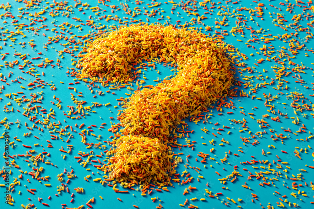 Poster Yellow and orange sprinkles form a question mark on a blue background, creating a vibrant and inquisitive image, suggesting curiosity, uncertainty, or a need for answers.