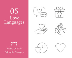 Love Languages Icons Set. Hand Drawn Editable Line Art.