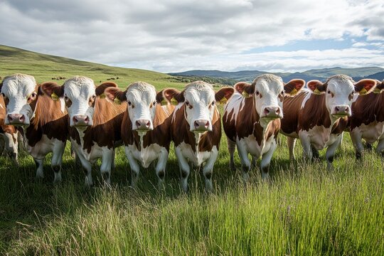Verdant Pastures: Herd of Simmental Cattle Grazing in Mountainous Landscape