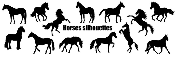 Set of silhouettes of horses in different poses. Horse racing