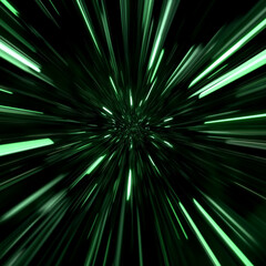 Abstract digital art showing green and black light streaks converging at a central point, creating a high-speed motion or warp drive effect in deep space.