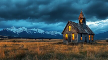 Fototapeta premium A rustic, old church glows gently with warm light as storm clouds gather over the expansive Montana plains and distant mountains