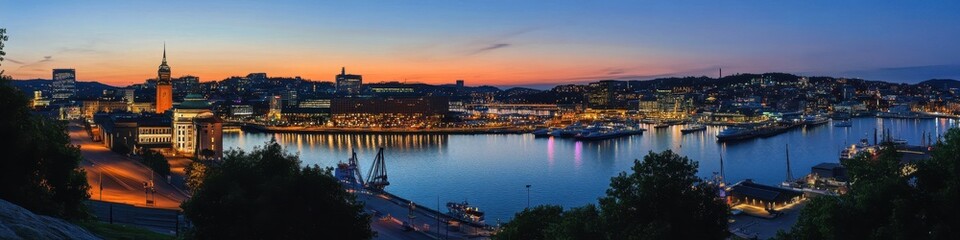 Fototapeta premium Stunning Oslo Nightscape: Captivating Panorama of City Hall and Harbour Lights in Norway's Vibrant Skyline