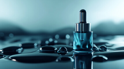 Elegant Blue Dropper Bottle Surrounded by Moisture Drops