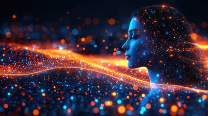 Woman in blue glows with light streams, immersed in a dark, bokeh-filled dreamscape