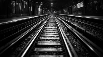 Fototapeta premium Underground train tracks, urban tunnel, monochrome, journey
