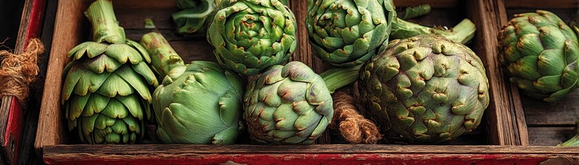 Obraz premium A bunch of fresh artichokes, various sizes, on market stall display - vegetarian health ingredient rustic