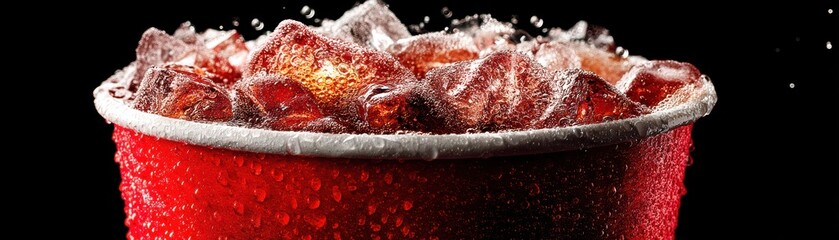 A large soda cup filled with ice and bubbly cola, condensation on cup - food gulp Tasty Popular Big