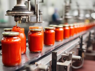 Automated packaging line filling jars with tomato sauce - Industrial System Line