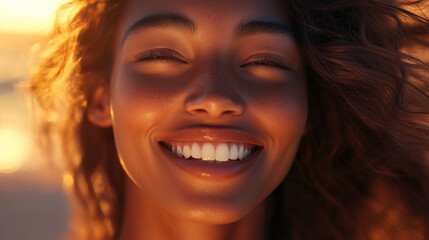 A joyful woman with a warm and inviting smile, her hair flowing in a soft breeze .
