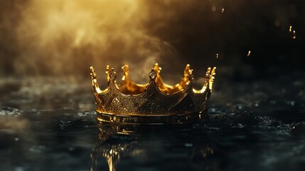 Striking golden kingâ€™s crown in a dark, misty setting, designed as a panoramic layout for branding or logo use