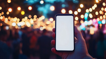 Blank smartphone screen in hand at vibrant outdoor evening event