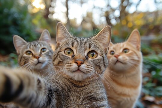 Three playful cats enjoying a sunny day in a lush garden surrounded by greenery and autumn colors