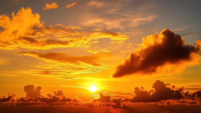 Tropical sunset sky cloudscape, ocean horizon, fiery colors, idyllic travel scene - Powered by Adobe