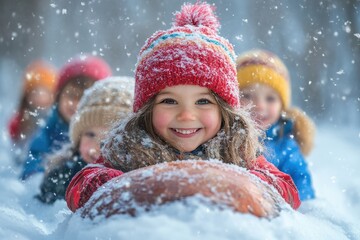 Children enjoying a winter day with sledding in a snowy forest setting surrounded by trees