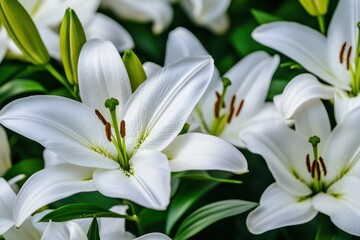 Radiant Lilies: White Madonna Lilies Blooms in a Sunlit Garden, Perfect for Easter Greetings and Floral Beauty
