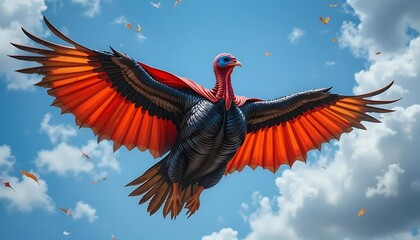 Superhero Turkey Flying – Funny Thanksgiving Illustration | Comedic illustration of a Thanksgiving turkey dressed as a superhero flying through the sky, ideal for children's media, seasonal prints