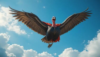 Superhero Turkey Flying – Funny Thanksgiving Illustration | Comedic illustration of a Thanksgiving turkey dressed as a superhero flying through the sky, ideal for children's media, seasonal prints