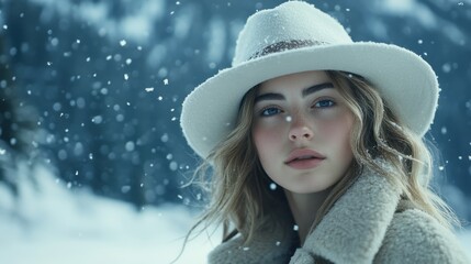 A captivating woman with striking blue eyes gazes forward amidst a gentle snowfall, wearing a cozy white hat and textured coat