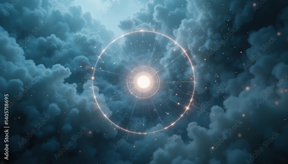 Poster exploring celestial phenomena cosmic light circles in ethereal clouds digital art atmospheric settin