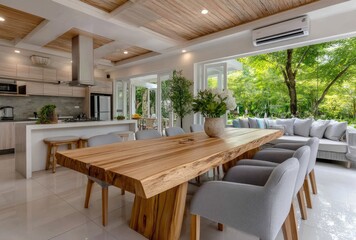 Fototapeta premium A dining room with a wooden table and gray chairs, a modern-style interior design of the house in Bali, an open kitchen on the left side