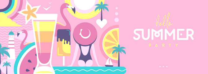 Hello Summer flat poster or banner with lighthouse, cocktail, flamingo, tropic fruits and rainbow. Vector illustration