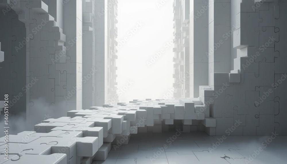Aufkleber exploring an abstract puzzle pathway futuristic architecture digital art minimalist environment aeri