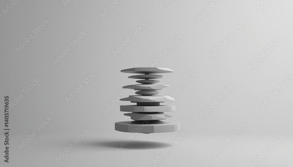 Poster dynamic layered structure floating in minimalist space abstract 3d design digital art clean environm