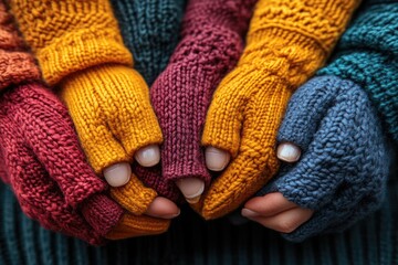 Clustered hands in colorful knit mittens and sleeves, tightly intertwined for warmth