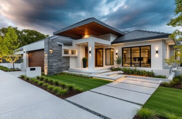 A front view of the entrance to an architecturally designed modern home in Western Australia
